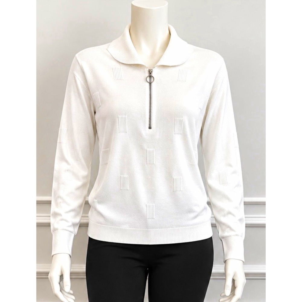 PrettyGarden Women's NEW White Solid Knit 1/2 Zip Collared Long Sleeve Sweater L